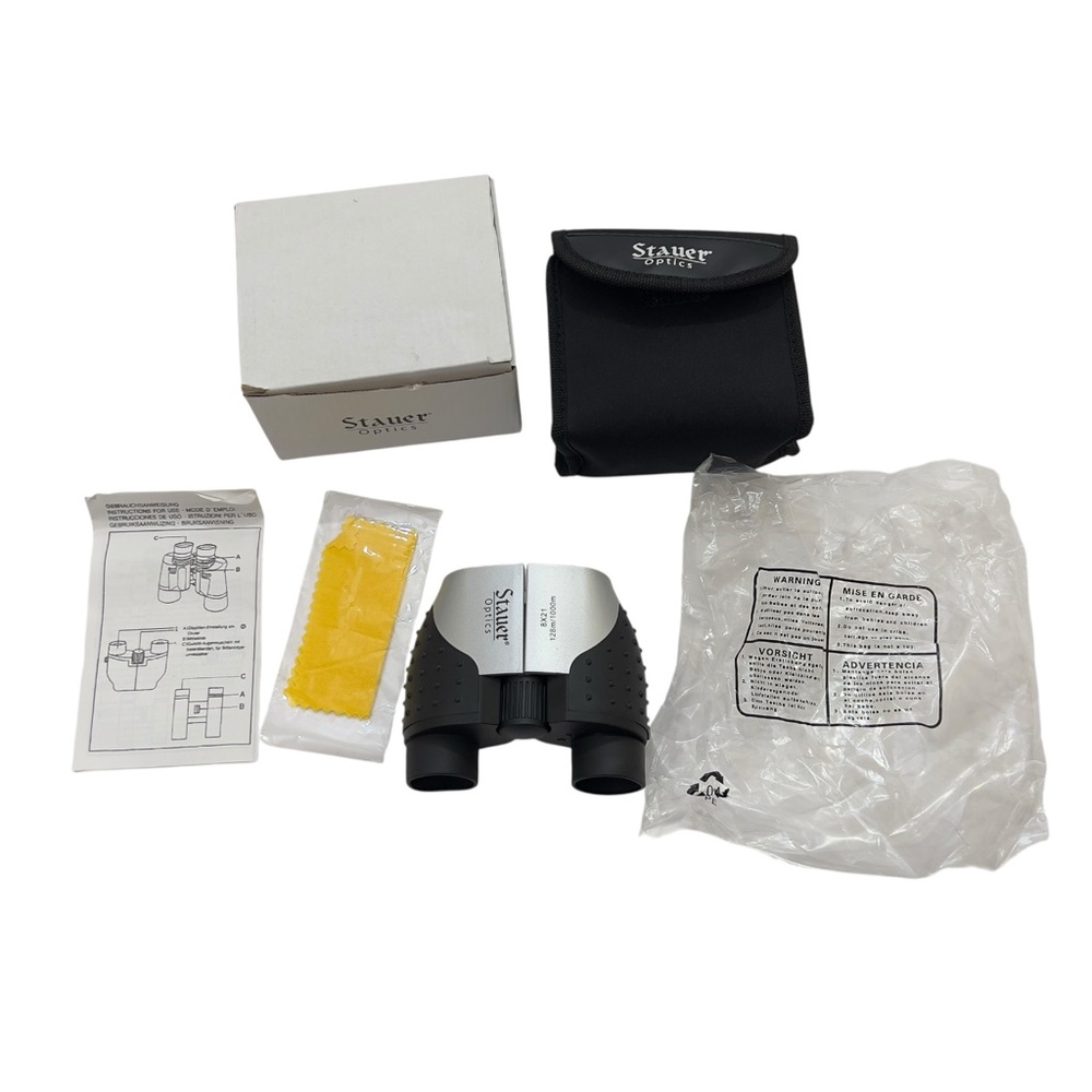 Stauer Optics 8x21 Compact Binoculars with Case, Box, Instructions and Wipe.